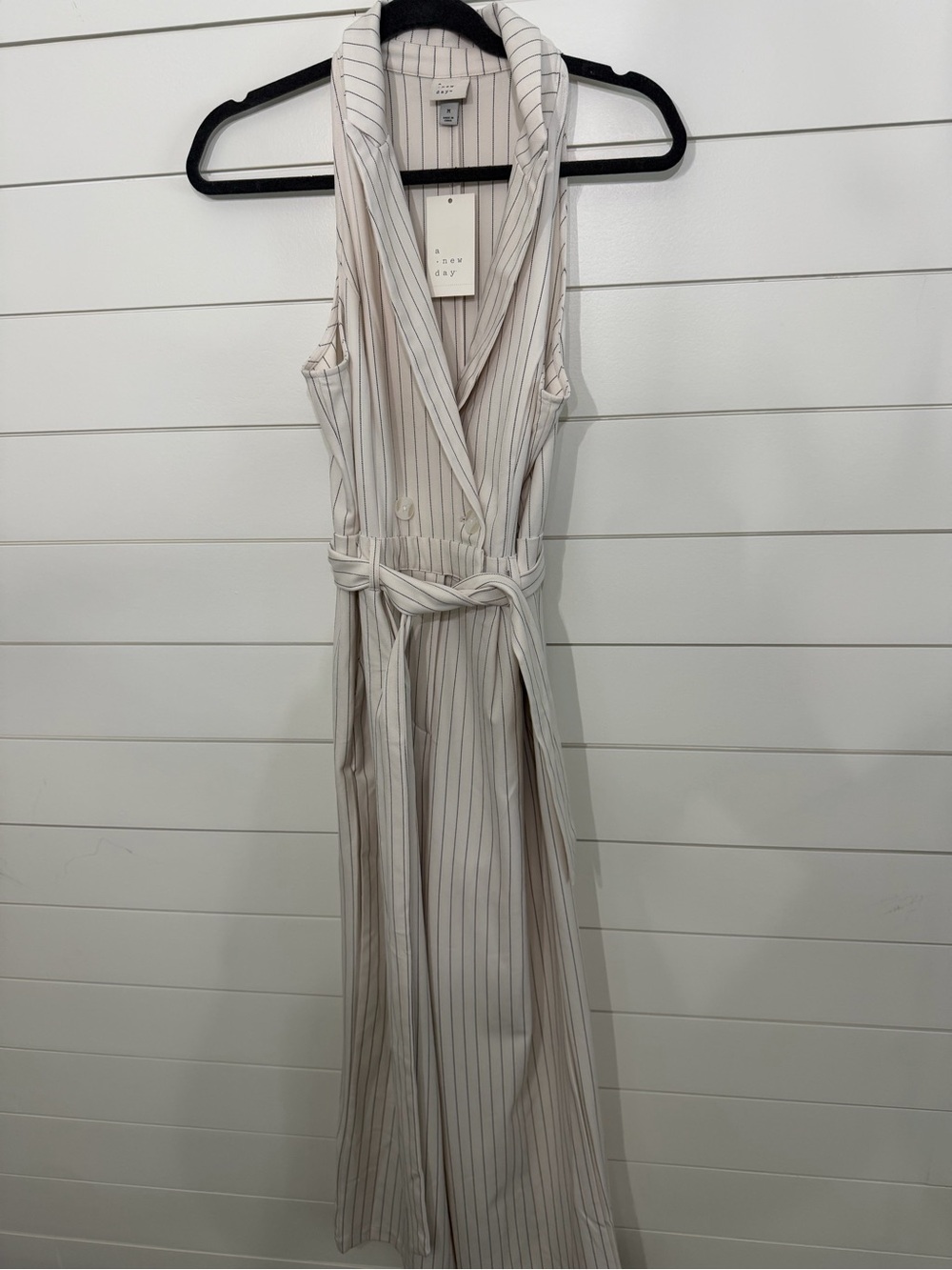 A New Day Cream Pinstripe Halter Wrap Jumpsuit - Picture 3 of 5